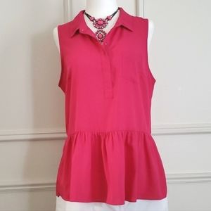 Hot Pink Collared Sleeveless Peplum Top
